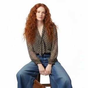 NWT Bob Mackie 100% Silk Geometric Print Smocked Waist Blouse Size M